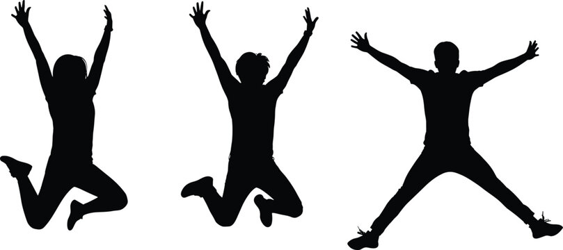Energetic silhouette figures jumping in dynamic poses expressing joy, freedom, happiness, and motion against white background perfect for lifestyle, fitness, dance, and inspirational stock photography