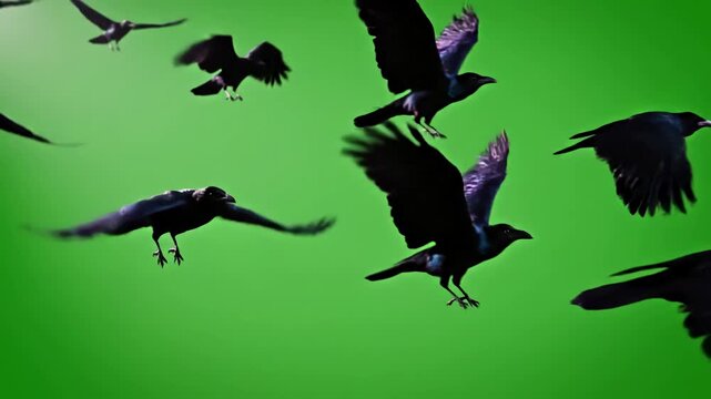 Green Screen black crows fly across the sky close on a scene 1 with distortion, overlay, glitch, static noise, scan lines background, 4k animated video loop