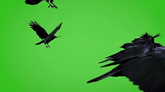 Green Screen black crows fly across the sky close on a scene 2 with distortion, overlay, glitch, static noise, scan lines background, 4k animated video loop