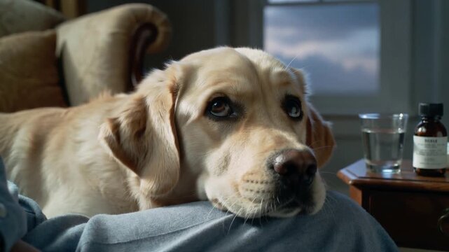 Close-up of a loyal labrador retriever resting its head on its owner's lap with soulful, sad eyes, representing comfort, companionship, and the emotional bond between humans and pets.