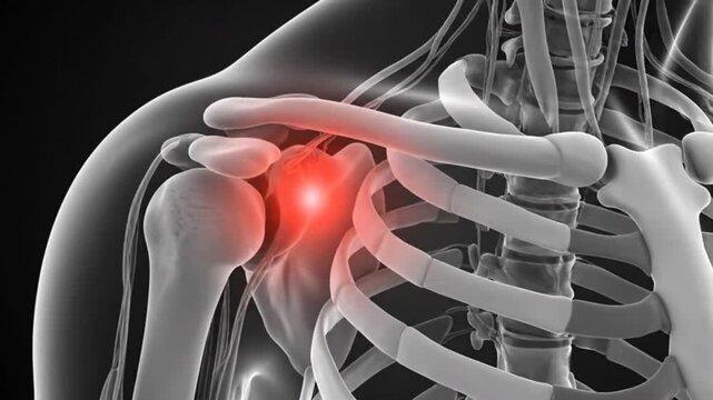 Detailed medical illustration of shoulder joint with inflammation indicating shoulder pain or injury in human anatomy for healthcare education