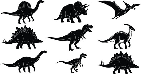 Dinosaur silhouette collection featuring prehistoric creatures including tyrannosaurus triceratops stegosaurus and pterodactyl isolated on white background vector illustration set © Saya Stock