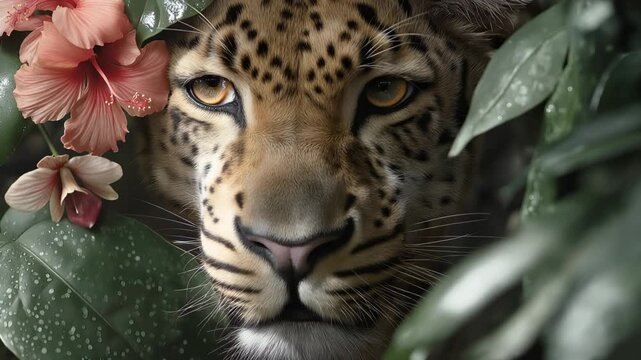 Leopard Face Emerging from Dense Tropical Jungle Foliage with Hibiscus Flowers