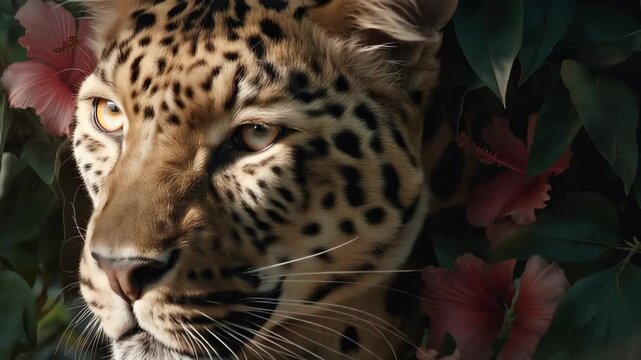 Leopard Face Emerging from Dense Tropical Jungle Foliage with Hibiscus Flowers