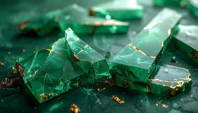 Rough Emerald Gemstones on Dark Surface.