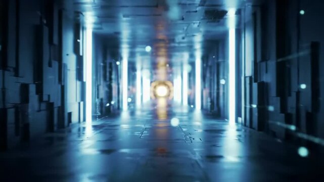 A smooth, slow, cinematic dolly video glides through a clean, minimalist high-tech corridor with illuminated fins & glowing data streams, approaching a golden holographic projection. Cool blue/silver