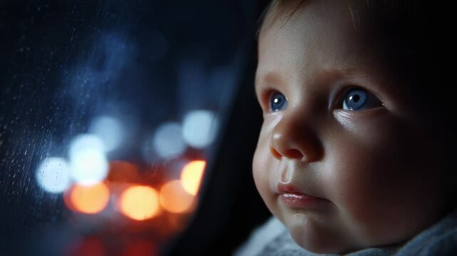 A Transcendent Moment: Capturing the Innocent Curiosity of a Baby Gazing Through a Rain-Drenched Window, Enveloped in City Lights, Symbolizing Hope and Wonder in Modern Life.