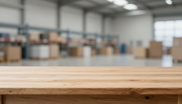 Tavolo in legno vuoto in primo piano con sfondo sfocato di fabbrica industriale o magazzino. Concetto per esposizione di prodotti o presentazione aziendale.