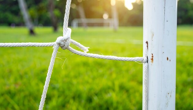 White Fence Post with Rope in Green Field.