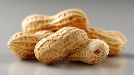 Pile of Textured Peanuts in Brown Shells Stacked on Grey Surface with Soft Lighting