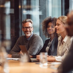 Four people sit at a conference table in a glass office space talking and listening during a business meeting