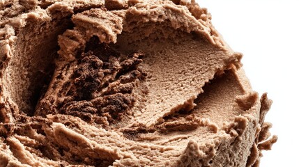 Fototapeta premium Close-up of creamy chocolate ice cream scoop with texture detail, isolated on white