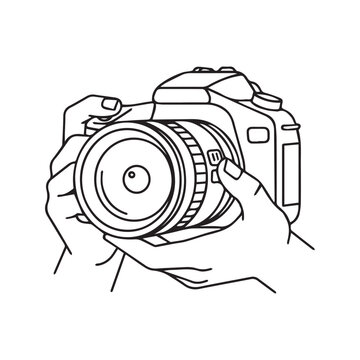 Hand Holding Professional DSLR Camera Line Art Illustration
