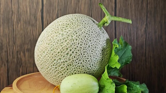 Melon rotation on wooden background.