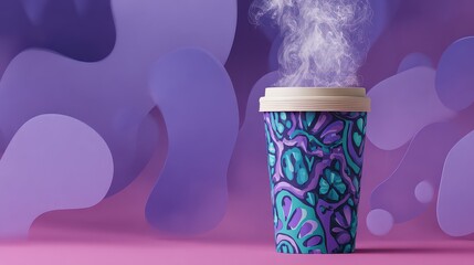 Pixelated Coffee Cup on Purple Backdrop with Sparkling Plume Abstract Purple Shapes and Warm Lighting in an Artistic 3D Render with Unique Pixel Art