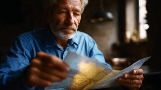A contemplative older man examines a detailed map, showcasing the intricate lines and markings, while immersed in thoughts about his next journey, surrounded by a warm, rustic atmosphere