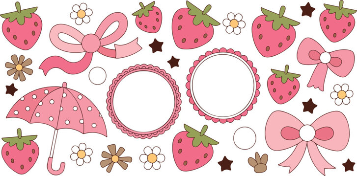 Cute Pink Summer Strawberry & Floral Vector Collection  Umbrella, Bows and Frames