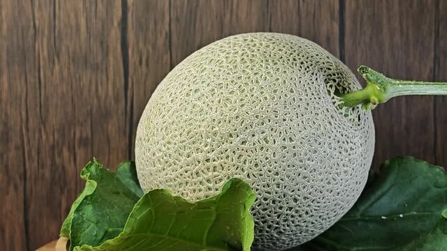 Melon rotation on wooden background.