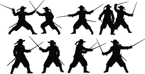 Sword fighter silhouette collection featuring duel combat poses isolated on white background vector illustration historical warrior action set