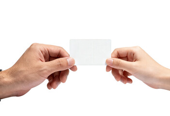 Fototapeta premium Male and female hands exchanging a blank white business card. Isolated on transparent background, png