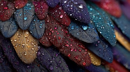 Delicate bird feather detail with magnified dew reflections images illustration