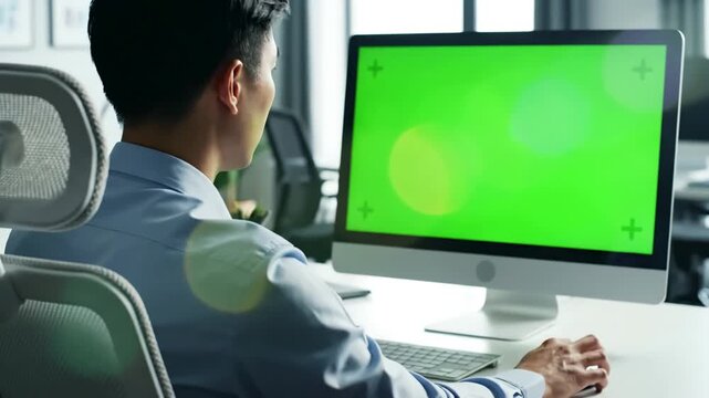 Green Screen close up of monitor in office employee working at computer sitting desk view from back scene 1 with distortion, overlay, glitch, static noise, scan lines on black background, 4k animated