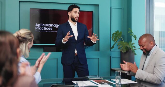 Business, man and team with applause in presentation for agile management, adaptability or workshop. Corporate meeting, people and clapping in office for career development, collaboration or solution