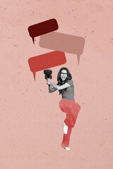 Fototapeta premium Creative composite sketch artwork collage of young lady jump smile hold violin musician instrument speech bubble message comment chat