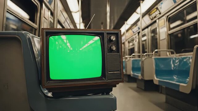 Green Screen old television set with in subway car 4k resolution scene 2 distortion, overlay, glitch, static noise, scan lines on black background, animated video loop