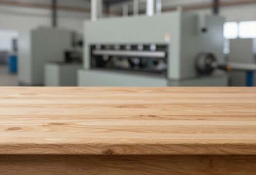 Tavolo in legno vuoto in primo piano con sfondo sfocato di fabbrica industriale o magazzino. Concetto per esposizione di prodotti o presentazione aziendale.