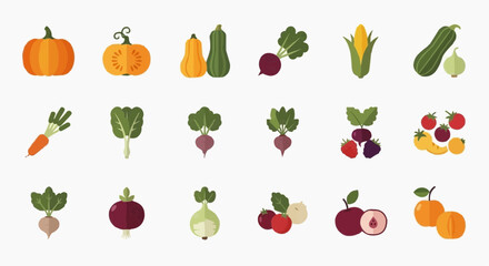 Obraz premium Assorted vegetables and fruits illustration showcasing various types arranged neatly in a grid pattern