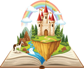 Magical cartoon illustration of open storybook with castle, rainbow, river, horse, and fantasy landscape, showcasing imagination, fairy tale design, children&rsquo;s art, and educational content