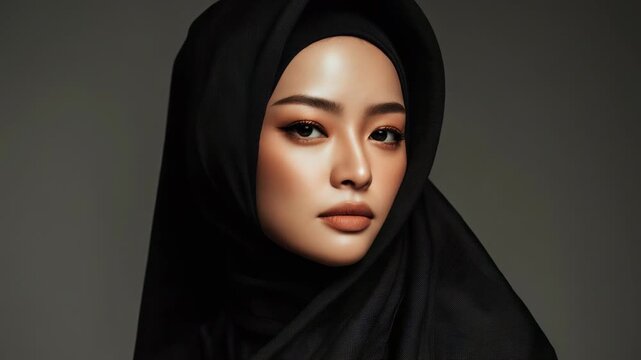 Beautiful young Asian woman wearing an elegant hijab, glowing skin and natural makeup, confident expression on pink background, modest fashion and beauty concept.