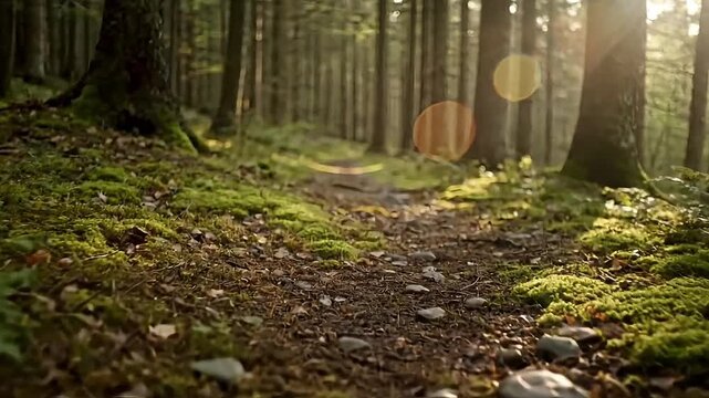 Serene forest path with mossy ground and sunlight filtering through trees