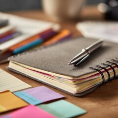 A notebook and pen are placed on a wooden table surrounded by colorful sticky notes and papers during the day