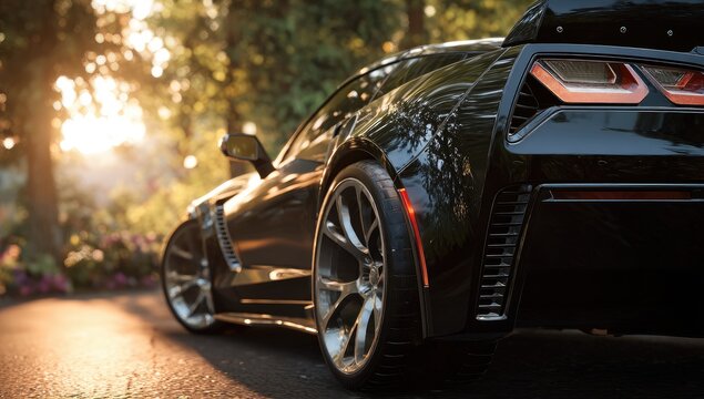 Sleek black sports car gleaming in warm, hazy sunlight, parked on a scenic road