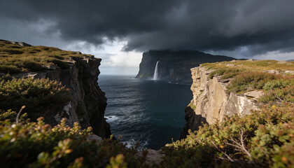 Fototapeta premium Beautiful perspective view between foreground elements opening up to a majestic water scenery