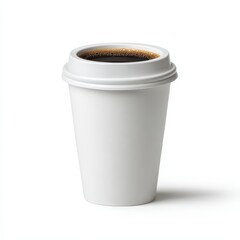 A white cup holds hot coffee, sitting on a flat, simple surface ready for someone to pick up and enjoy