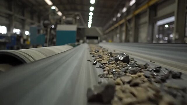 Industrial conveyor belt transporting aggregate materials in a modern factory setting