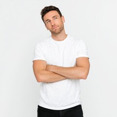 A man looks up with arms crossed on a plain background showing a moment of reflection and thought