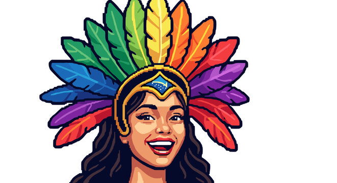 Vibrant carnival headpiece with colorful feathers and smiling face in pixel art style