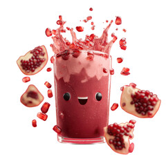 Pomegranate Smoothie Burst: A vibrant and whimsical image of a pomegranate smoothie, with a joyful face, bursting with freshness, surrounded by pomegranate segments.