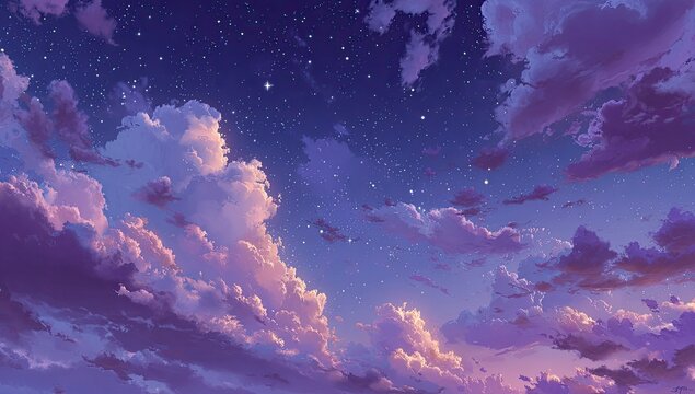 Sunset clouds, twilight sky with stars, soft pastel colors, dreamy atmosphere