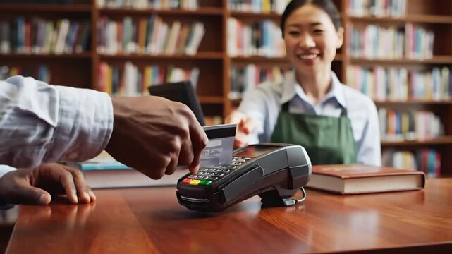 Smiling shop owner processes contactless payment with a credit card at her counter in a cozy bookstore setting showcasing modern retail and customer service