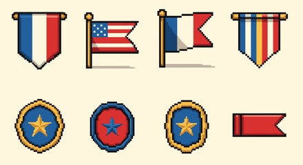 Pixel art flags and medals set: retro americana and european designs