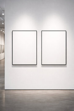 Two empty vertical poster frames mockup hanging side by side on a white gallery wall with museum lighting and a blurred corridor background.