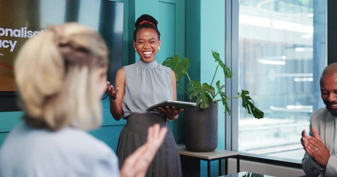 Applause, presentation and tablet with business woman in office for personalization vs privacy workshop. App, meeting and review with employees clapping in boardroom for discussion of user experience
