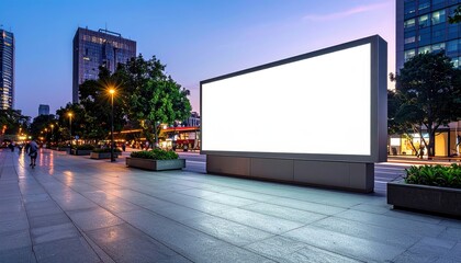 Obraz premium Empty billboard in city at dusk, surrounded by modern buildings and illuminated street lights.