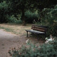 A wooden bench sits alone in a park surrounded by grass and trees. The pathway leads into the green area