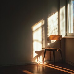 A wooden chair stands in the corner of a room as shadows and light create patterns on the wall and floor